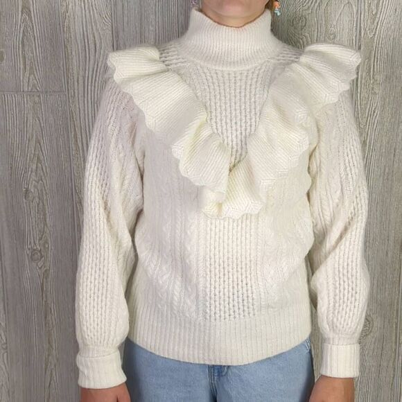 Madewell Zanzibar Womens Small Wool Alpaca Ruffle Turtleneck Sweater White NWT - Picture 2 of 9